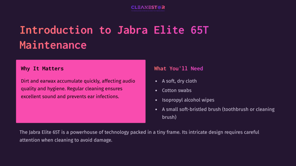 Text On A Dark Background With A Pink Highlight. Sections Include &Quot;Introduction To Jabra Elite 65T Maintenance&Quot; And A List Of Cleaning Supplies Needed.