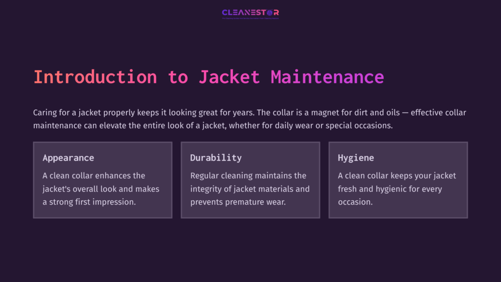 2 Introduction To Jacket Maintenance Text Blocks Explaining Jacket Maintenance, Focusing On Appearance, Durability, And Hygiene, Set On A Dark Background With Purple Accents.