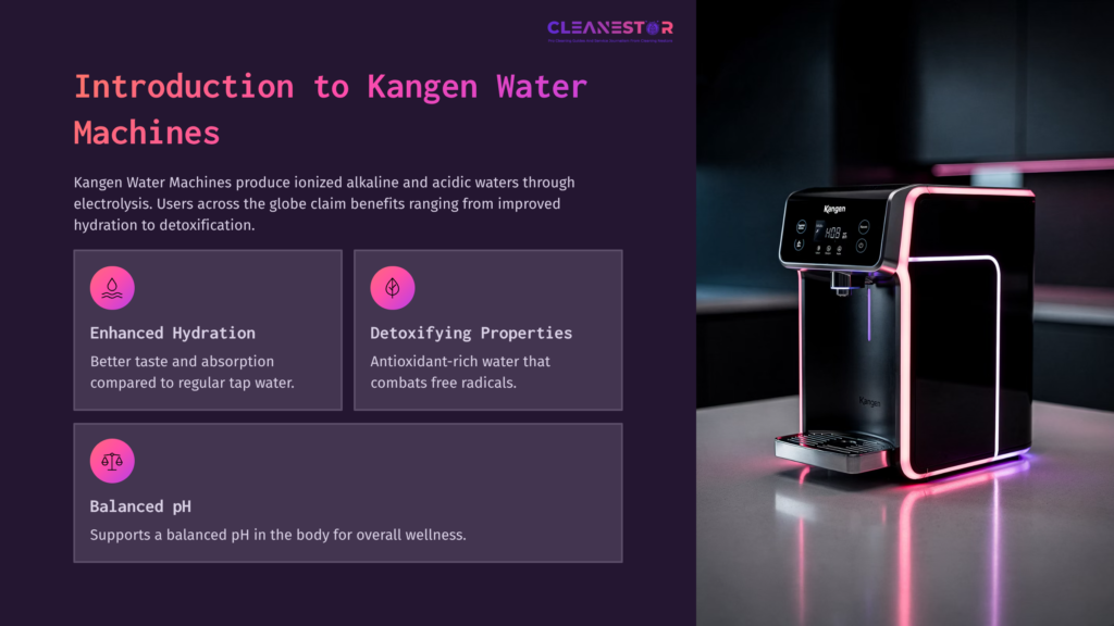 Kangen Water Machine With Glowing Pink Accents On A Dark Background, Accompanied By Text Boxes Detailing Its Benefits.