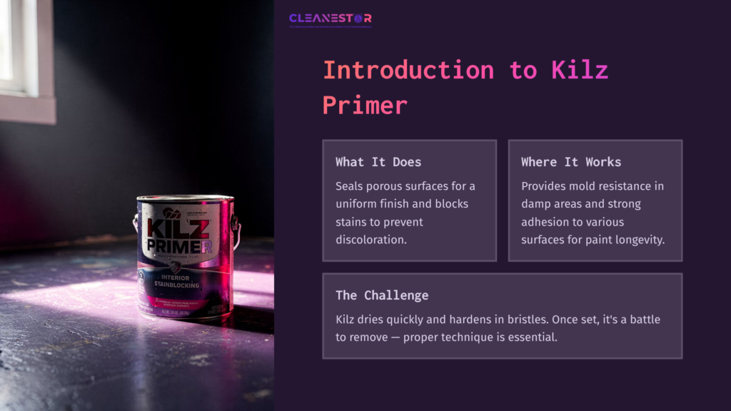 A Gallon Can Of Kilz Primer On A Dark Surface, With Text Boxes Outlining Its Purpose, Applications, And Cleaning Challenges.