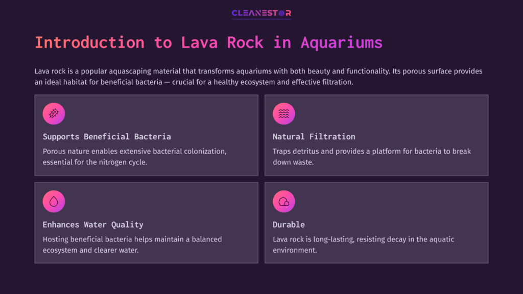 Text-Filled Infographic Highlighting Lava Rock'S Benefits In Aquariums: Supports Bacteria, Natural Filtration, Enhances Water Quality, And Durability.