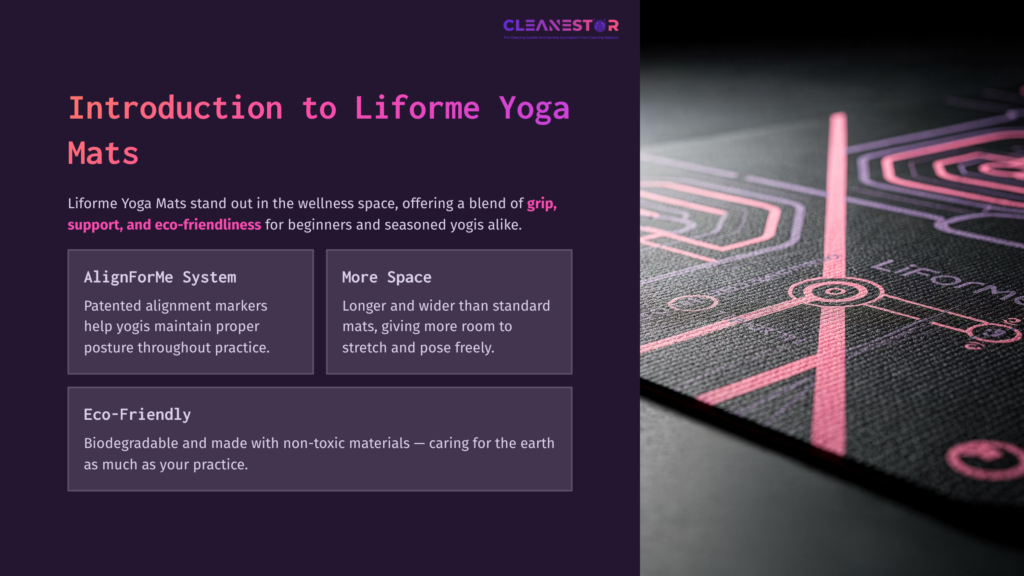 Black Yoga Mat With Pink Alignment Markers, Featuring Text Boxes On The Left Highlighting Key Benefits And Eco-Friendliness.