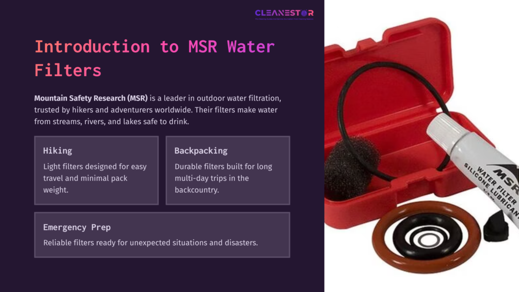 Red Case Containing A Black Msr Water Filter And An Orange Rubber Gasket, With Text Highlighting Msr'S Filtration Features.