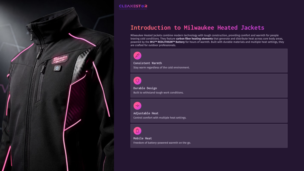 2 Introduction To Milwaukee Heated Jackets Black Milwaukee Heated Jacket With Pink Accents, Featuring Pockets And Branding, Against A Dark Purple Background With Bullet Points On Features.