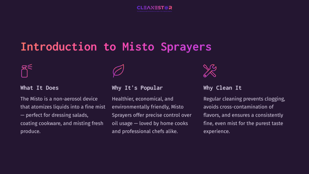 Text On A Dark Background Features Headings In Pink And White About Misto Sprayers, Highlighting Their Benefits And Cleaning Importance.