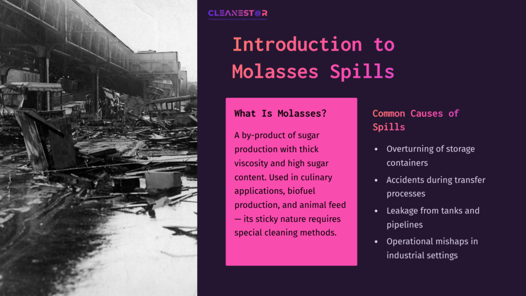 Black And White Photo Of A Messy Industrial Scene With Spilled Molasses On The Ground, Surrounded By Debris And Machinery.