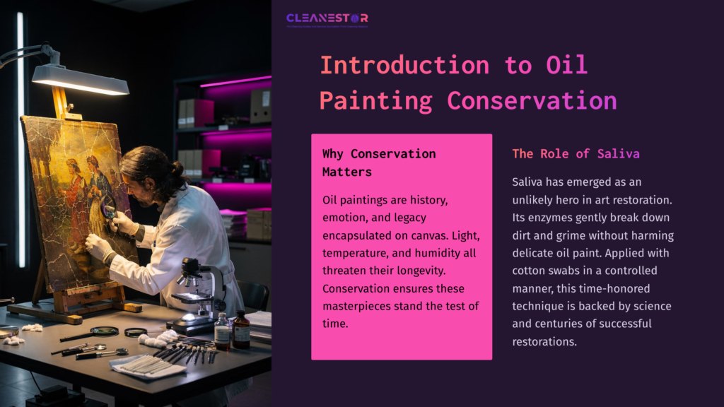 Person Gently Cleaning An Oil Painting Using A Cotton Swab, Surrounded By Vibrant Purple And Pink Lighting, With Tools And Materials On A Table.