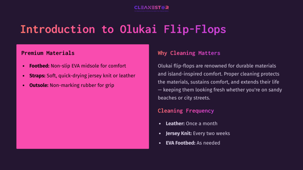 Text On A Vibrant Pink Background Details Olukai Flip-Flops, Highlighting Materials, Cleaning Importance, And Frequency For Leather And Jersey Knit.