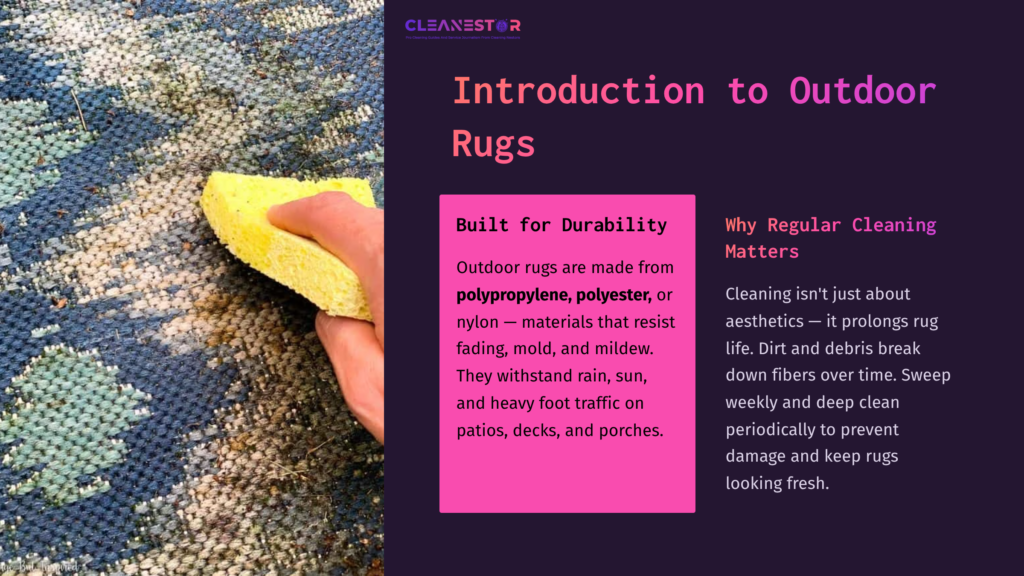 A Hand Holds A Yellow Sponge, Cleaning A Textured, Multicolored Outdoor Rug Displayed On A Patio Surface.