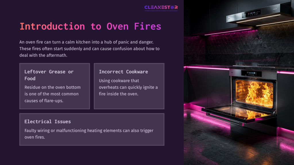 2 Introduction To Oven Fires A Modern Kitchen With Pink Led Lighting, Featuring An Oven With Visible Flames Inside. Text Blocks Highlight Oven Fire Causes.
