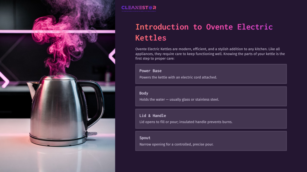 A Stainless Steel Electric Kettle With Steam Rising, Placed On A Countertop; Background Features A Dark, Modern Kitchen Setting.