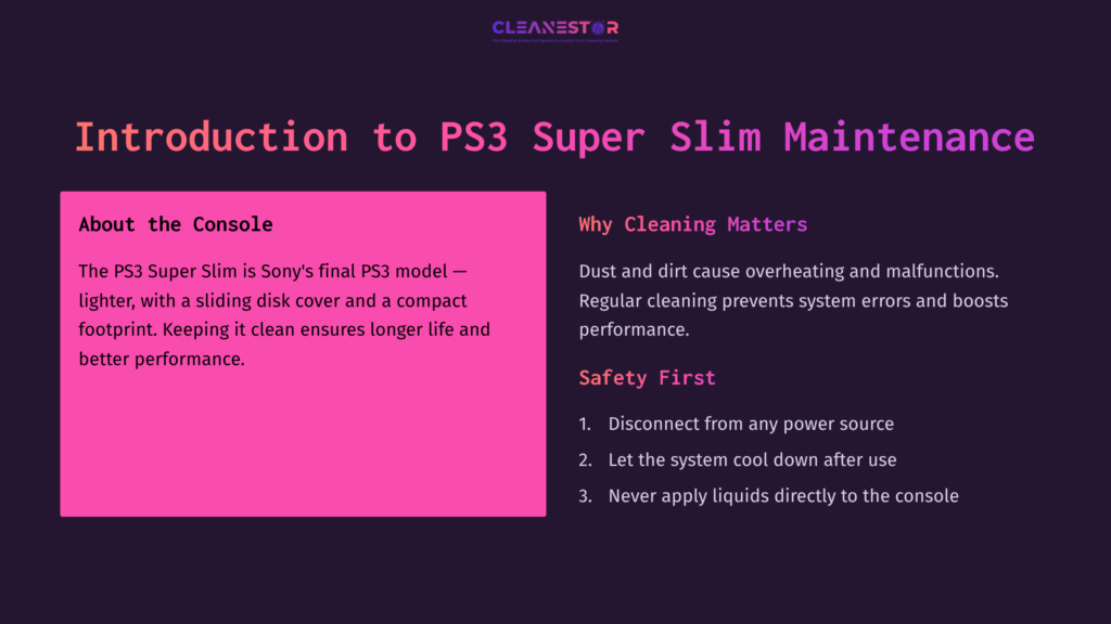 Text On A Bright Pink Block Highlights Ps3 Super Slim Maintenance, Discussing Cleaning Importance And Safety Guidelines In A Dark Background.
