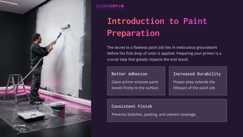 A Person Painting A Wall With A Roller, Surrounded By Paint Supplies. The Wall Is Mostly White With A Pink-Lit Base.