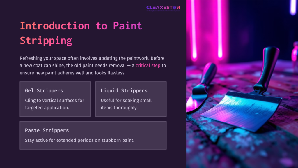 Brightly Lit Workspace Featuring A Paint Scraper And Various Paint Strippers, With A Purple And Pink Neon Backdrop And Informational Boxes.