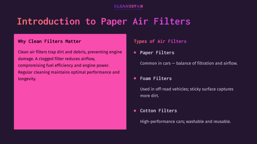 Purple And Pink Background With White Text Outlining The Importance And Types Of Paper Air Filters For Vehicles.