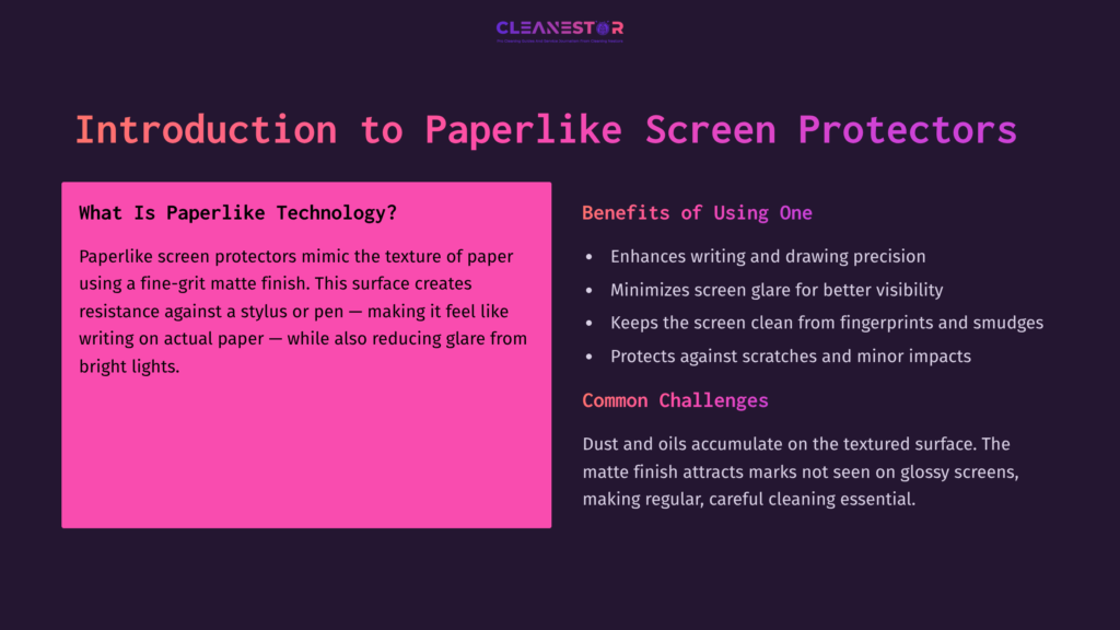 Text On A Vibrant Pink Background Outlines Benefits And Challenges Of Paperlike Screen Protectors, Enhancing Usability And Maintenance.