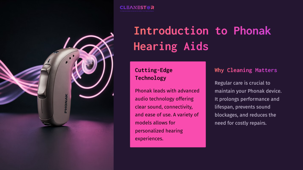 Phonak Hearing Aid Displayed Prominently On A Purple And Pink Gradient Background, With Informative Text About Technology And Maintenance Benefits.