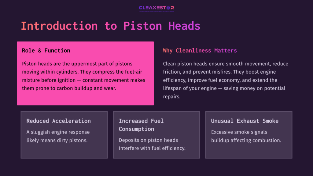 Infographic Detailing Piston Heads, Featuring A Pink Highlighted Section On Cleanliness, With Bullet Points On Performance Benefits Below.