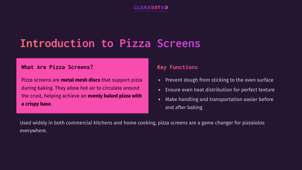 Pink And Purple Text On A Dark Background Explains Pizza Screens, Highlighting Their Functions And Benefits For Baking.