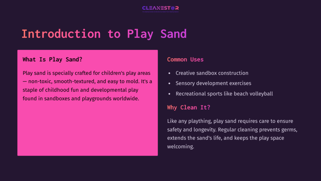Bright Pink Text Box On A Dark Purple Background, Detailing The Benefits And Uses Of Play Sand, With Headings For Easy Navigation.