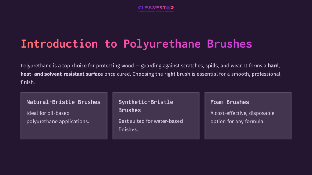 Purple Background With White And Pink Text. Sections Highlight Types Of Brushes: Natural-Bristle, Synthetic-Bristle, And Foam, Plus Their Uses.