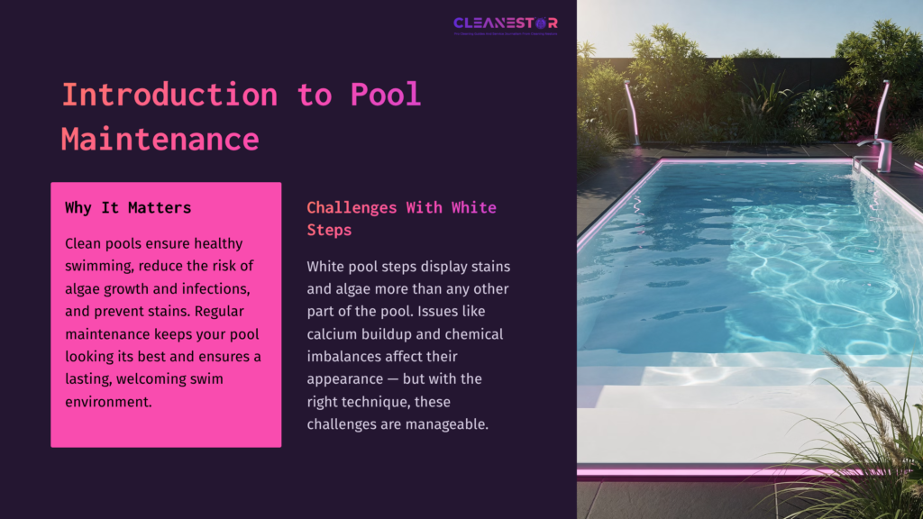 2 Introduction To Pool Maintenance Pool Steps Submerged In Water, Showing Visible Stains And Discoloration; A Clear Blue Pool With Surrounding Plants And A Deck.