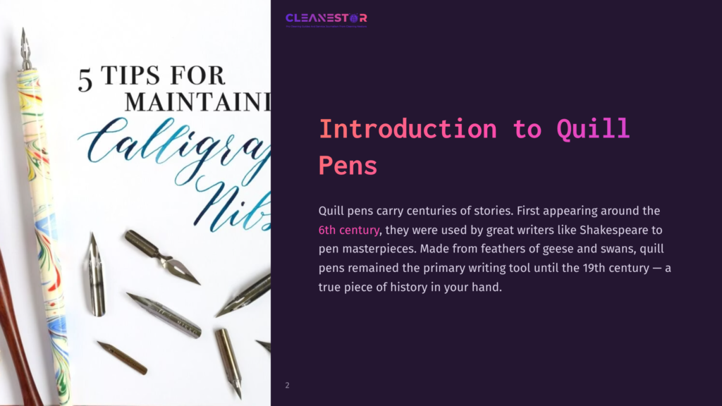 2 Introduction To Quill Pens A Decorative Quill Pen Rests On A Dark Background, Accompanied By Various Nibs And Elegant Script Text In Pastel Colors.