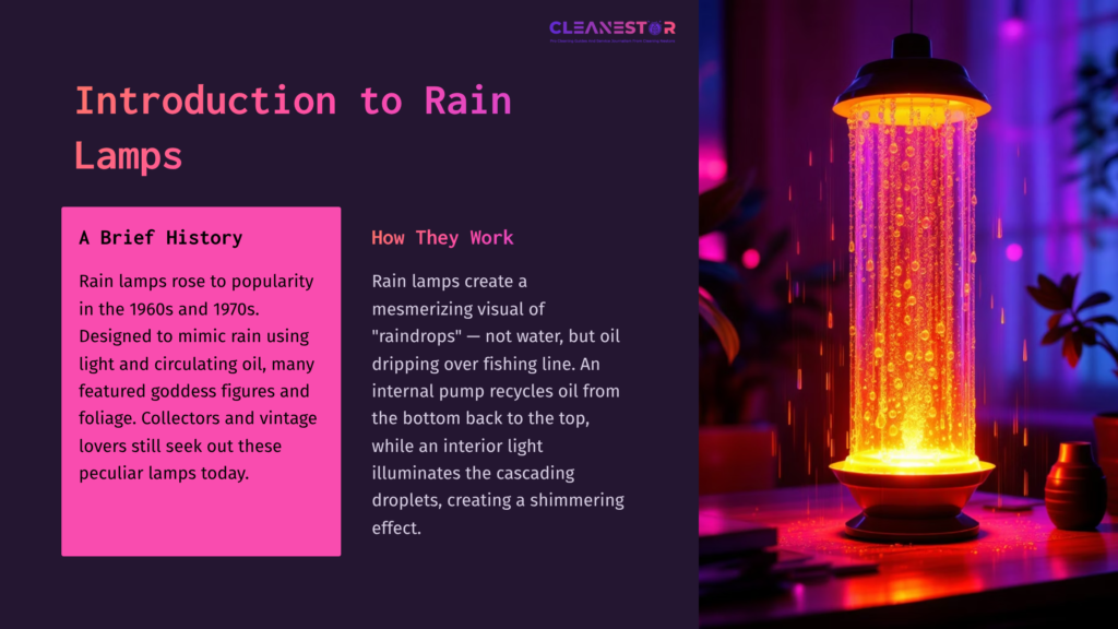 A Colorful Rain Lamp Emitting Oil Droplets, With A Vibrant Glow, Surrounded By Text On Cleaning And History Of Rain Lamps.