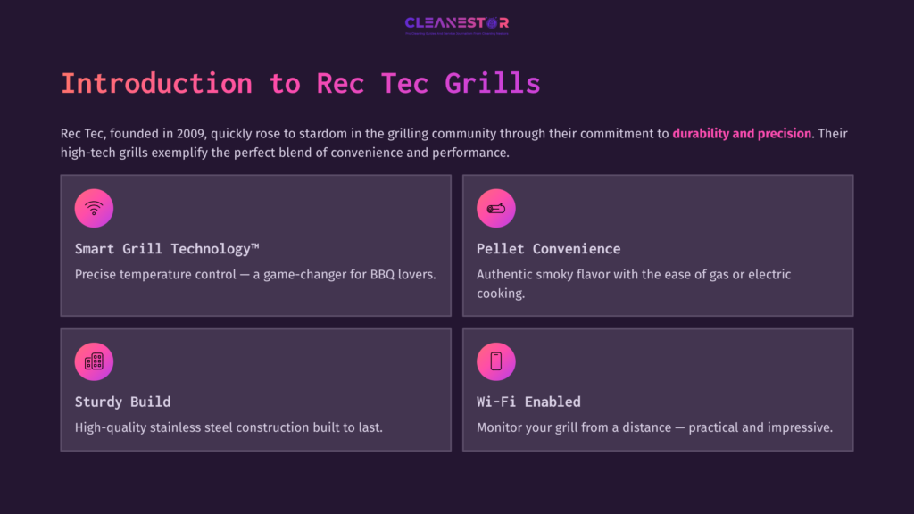 2 Introduction To Rec Tec Grills Four Quadrants Highlight Key Features Of Rec Tec Grills: Smart Grill Technology, Pellet Convenience, Sturdy Build, And Wi-Fi Enabled, On A Purple Background.