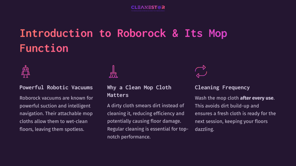 Text On A Purple Background Highlighting Roborock Vacuum Features, The Importance Of Clean Mop Cloths, And Cleaning Frequency Tips.