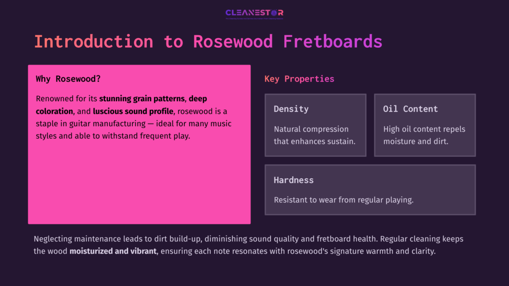 2 Introduction To Rosewood Fretboards A Vibrant Pink Block Highlights Key Properties Of Rosewood Fretboards, Including Density, Oil Content, And Hardness, With Decorative Elements Enhancing Readability.