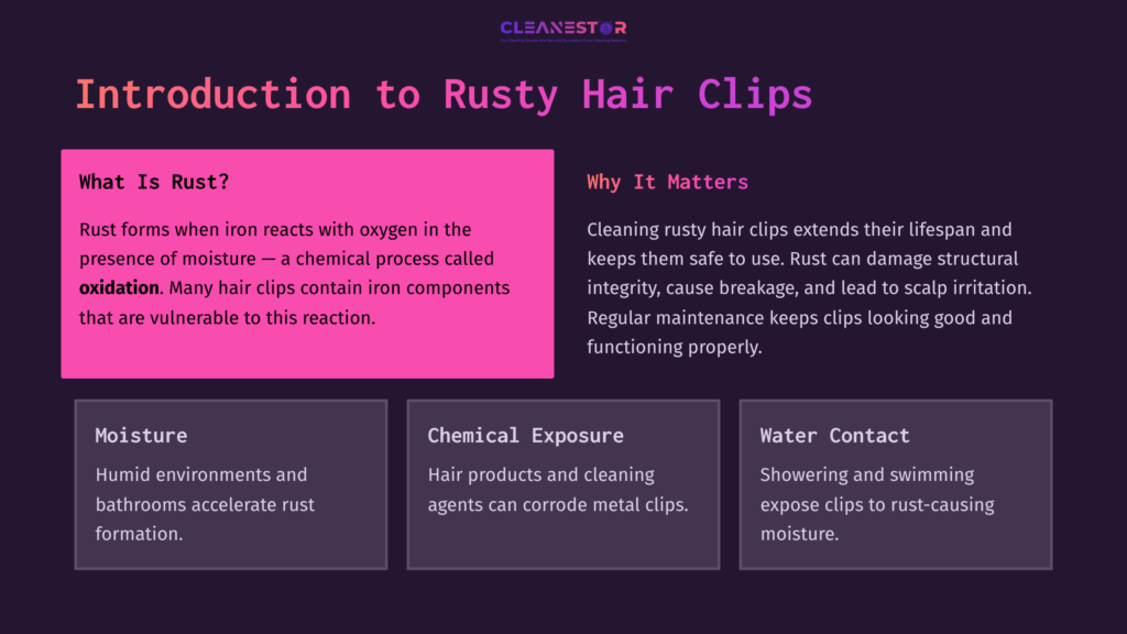 Bright Pink And Dark Purple Graphic With Text On Cleaning Rusty Hair Clips, Detailing Causes, Effects, And Maintenance Tips.