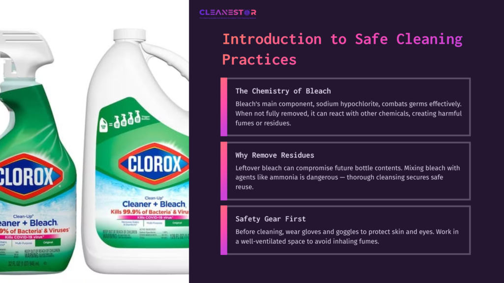 A Green Clorox Bleach Bottle Beside A Purple Section Detailing Safe Cleaning Practices, Including Chemistry And Safety Gear.