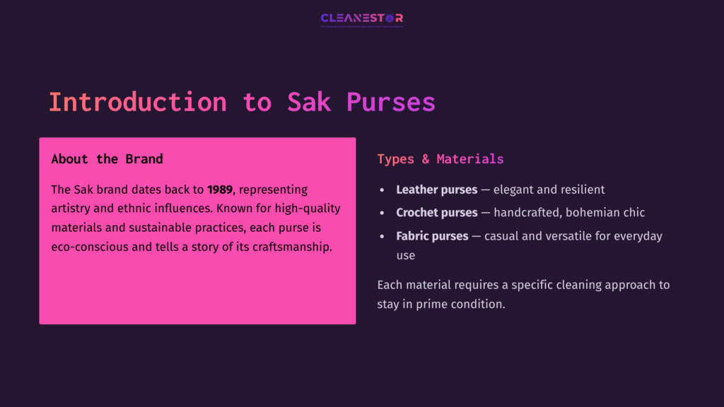 Bold Pink Text Outlines The Sak Brand'S History And Materials, With A Dark Purple Background. Sections Highlight Types Of Purses: Leather, Crochet, And Fabric.