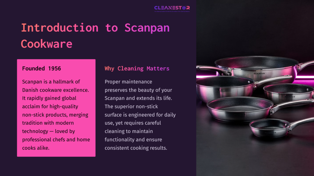 A Collection Of Stainless Steel Scanpan Cookware Sits Prominently Against A Dark Background, With Vibrant Pink Text Highlighting Key Information.