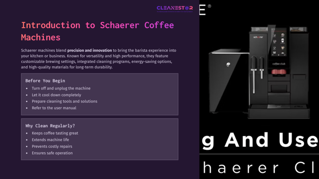 Schaerer Coffee Machine Shown Against A Dark Background, With A Purple Sidebar Outlining Cleaning Instructions And Maintenance Tips.
