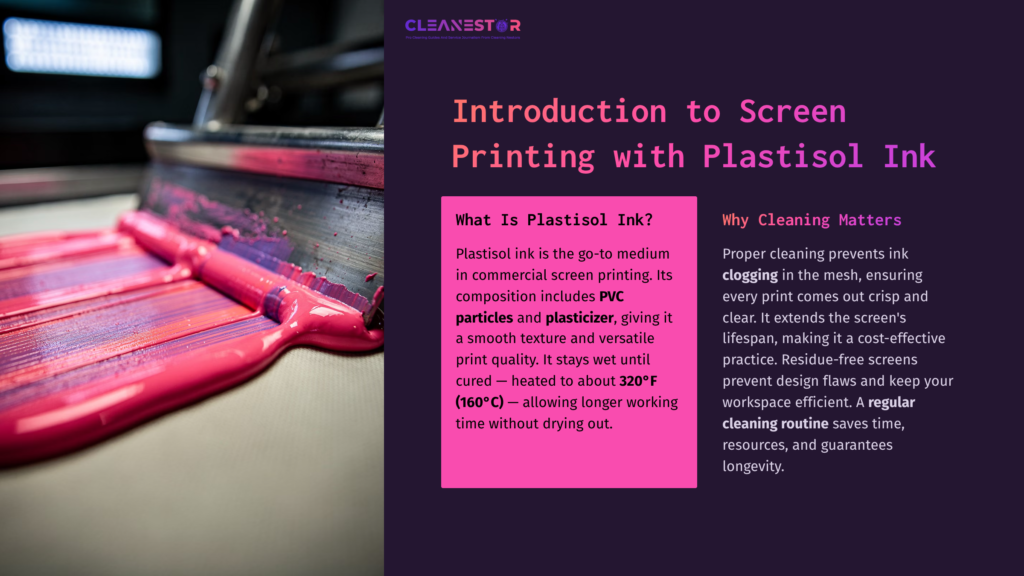 2 Introduction To Screen Printing With Plastisol Ink Close-Up Of A Squeegee Applying Vibrant Pink Plastisol Ink On A Screen. Background Shows A Partially Blurred Printing Setup.
