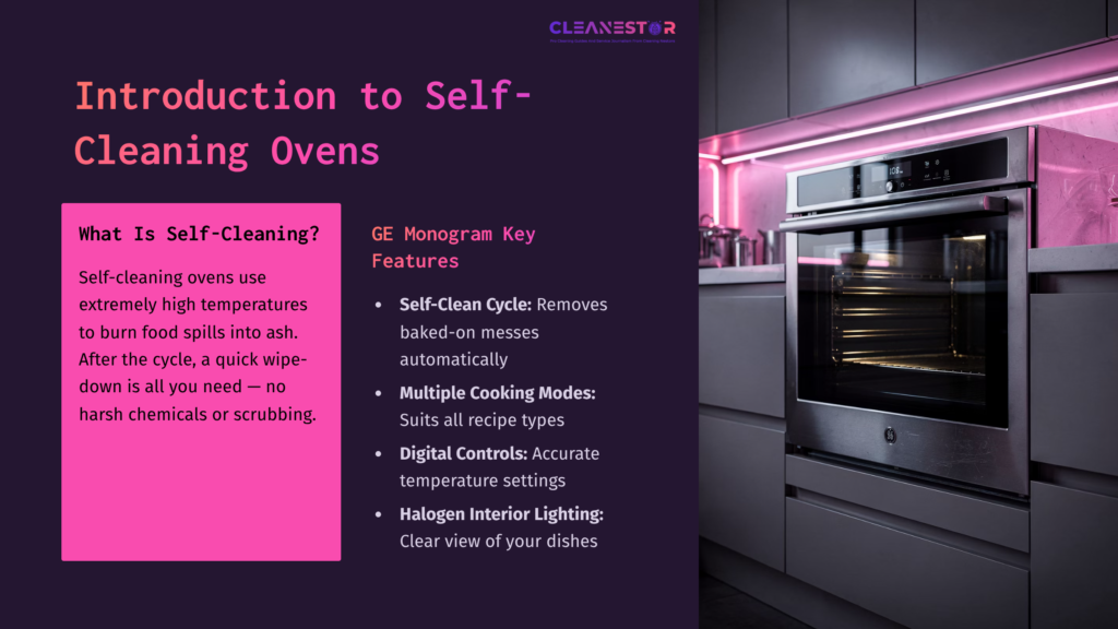 Modern Kitchen Setting With A Sleek Ge Monogram Oven, Lit By Pink Halogen Lights, Showcasing Digital Controls And Clean Lines.