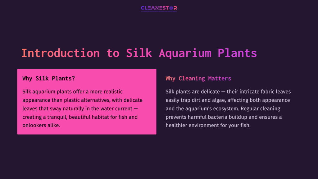 Text In Bold Pink And White Against A Dark Purple Background Discusses Silk Aquarium Plants And Their Cleaning Importance.