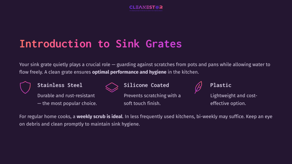 Dark Background With Pink And White Text Introducing Sink Grates, Highlighting Stainless Steel And Silicone-Coated Options For Kitchen Hygiene.