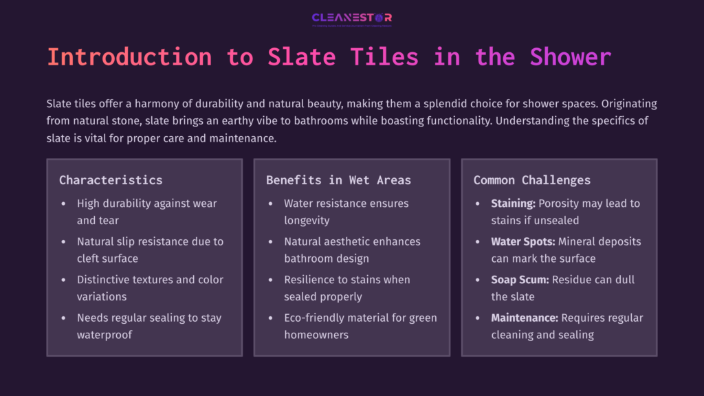 2 Introduction To Slate Tiles In The Shower Slate Tile Shower Maintenance Guide With Sections On Characteristics, Benefits In Wet Areas, And Common Challenges Outlined In A Purple Layout.