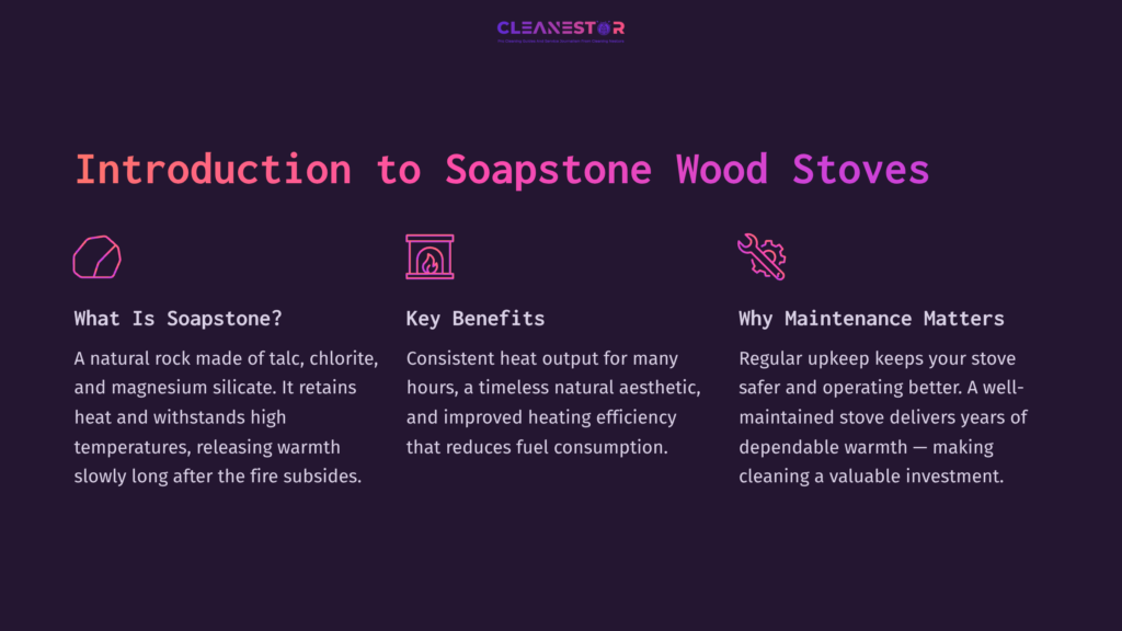 Textual Infographic On Soapstone Wood Stoves, Featuring Pink Headers On A Dark Purple Background With Icons Indicating Benefits And Maintenance.