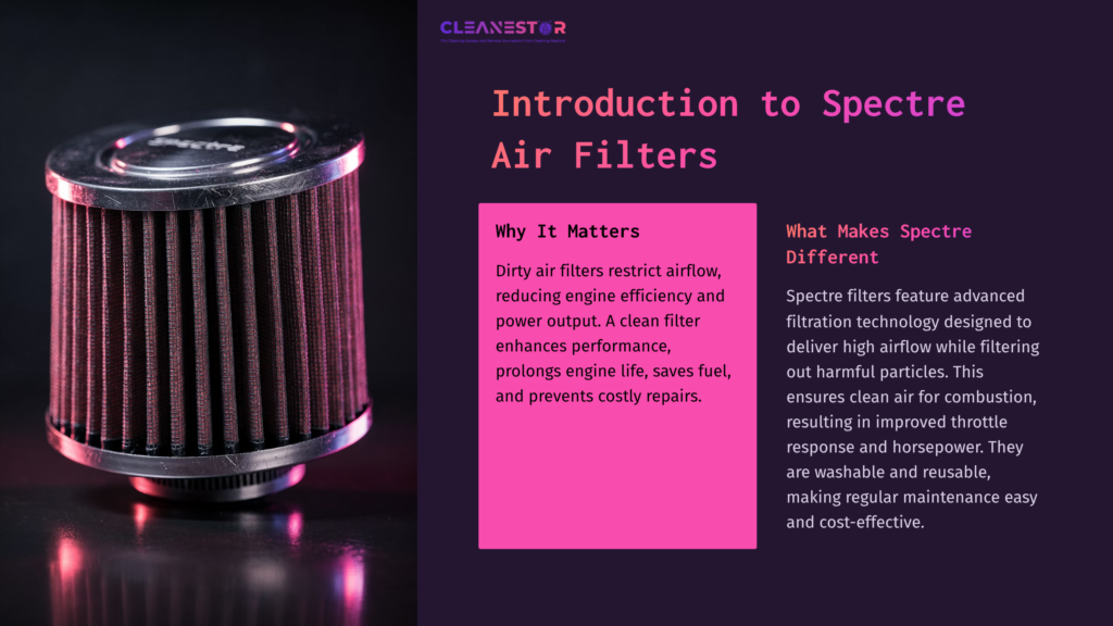 2 Introduction To Spectre Air Filters Close-Up Of A Dirty Air Filter Emphasizing Airflow Restriction; Dark Tones With Purple And Pink Background, Featuring Text About Spectre Filters.