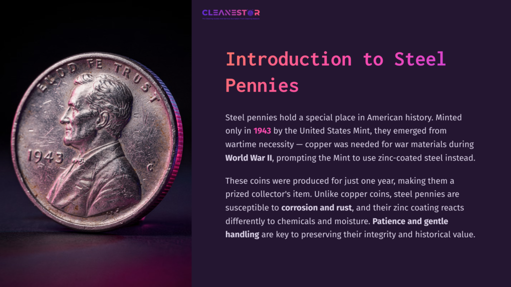 Close-Up Of A 1943 Steel Penny, Showcasing Its Metallic Surface And Raised Details Against A Dark Background.