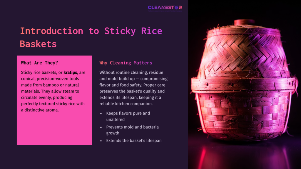 A Traditional Conical Sticky Rice Basket Made Of Woven Bamboo, Showcasing A Warm, Natural Color Against A Dark Background.