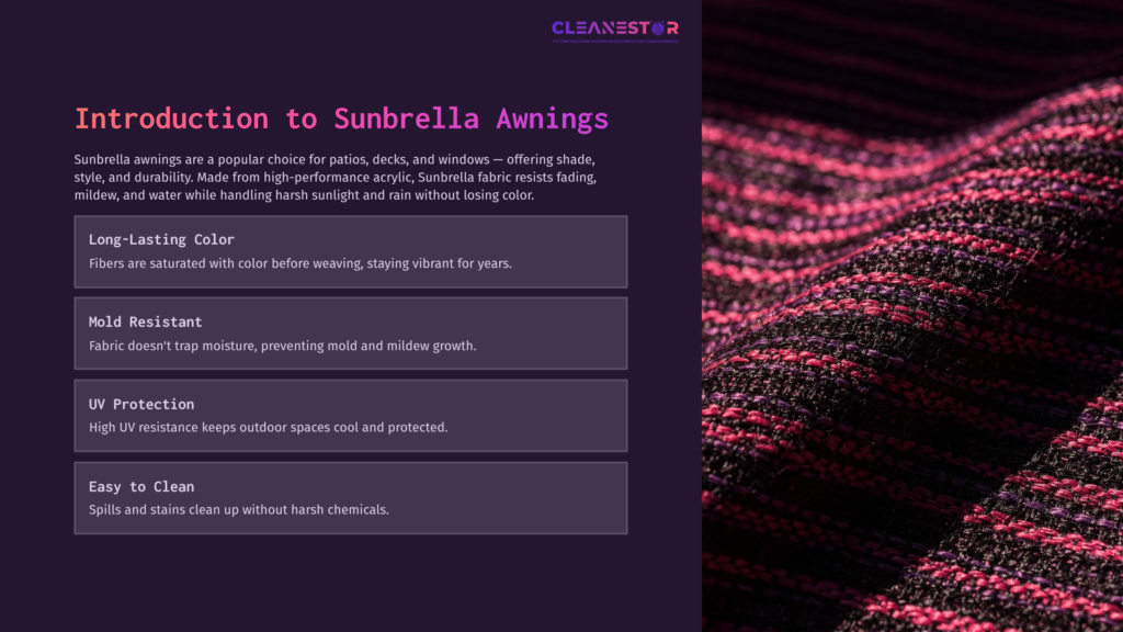 Close-Up Of Textured Sunbrella Fabric Featuring A Pink And Black Striped Pattern, With Text Outlining Its Key Benefits And Features.