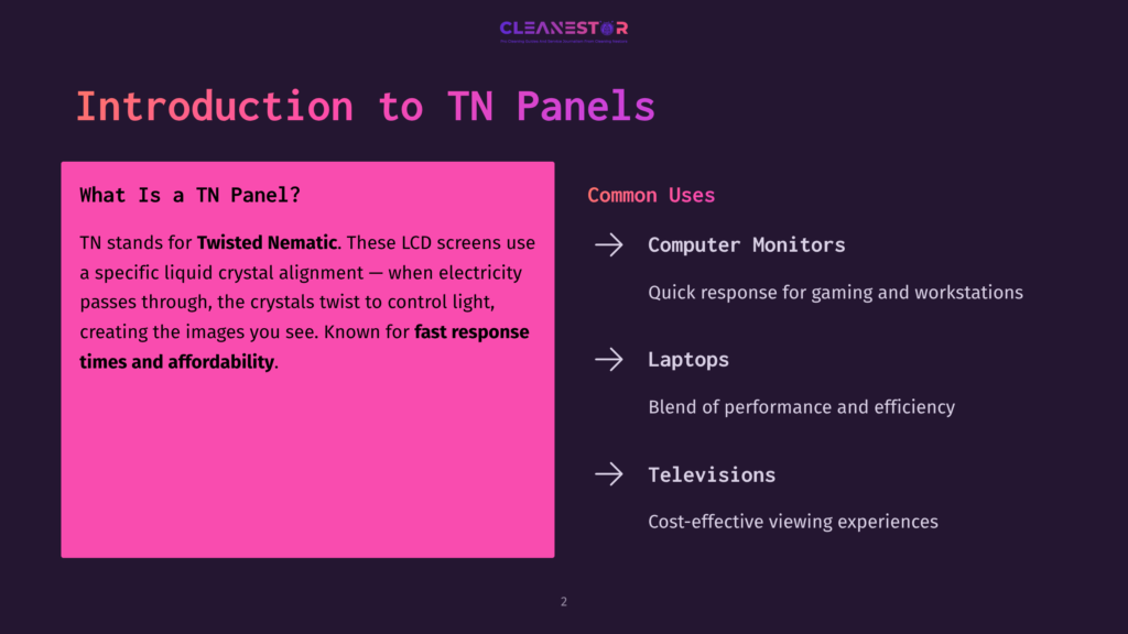 Text On A Dark Purple Background With A Bright Pink Box Outlining Tn Panel Characteristics And Common Uses, Including Monitors, Laptops, And Tvs.