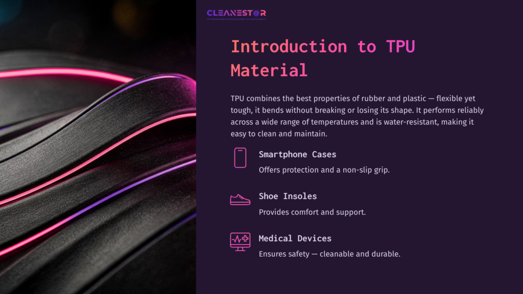 Close-Up Of Layered Tpu Material With Vibrant Pink And Purple Lighting; Text Highlights Its Uses In Smartphone Cases, Insoles, And Medical Devices.
