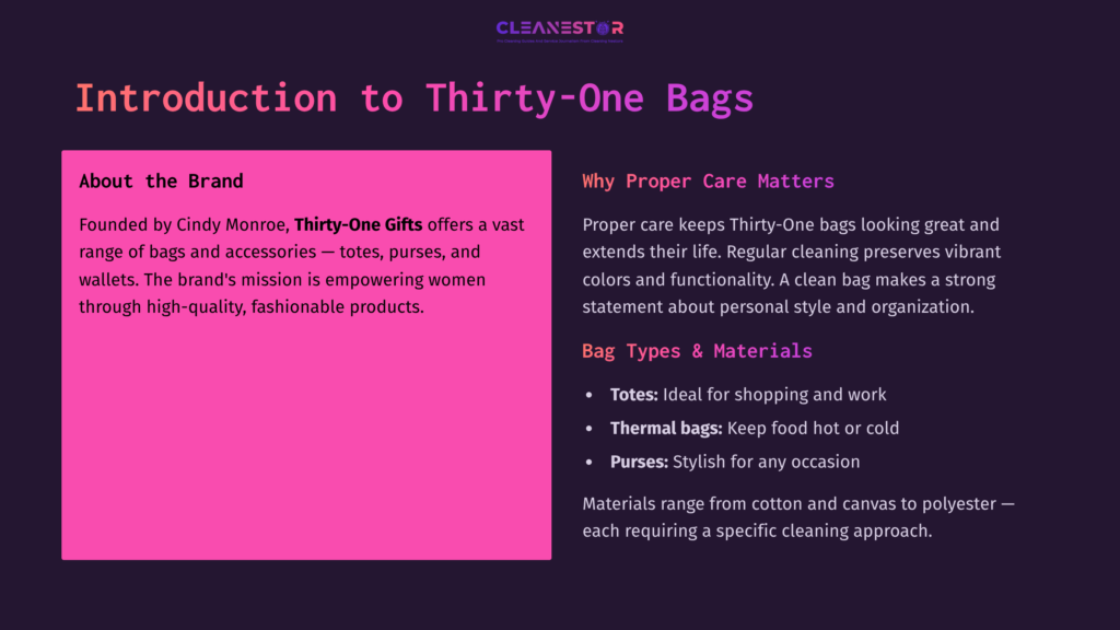 Bright Pink Banner With White Text Titled &Quot;Introduction To Thirty-One Bags,&Quot; Showcasing Various Bag Types And Care Tips In A Clean Layout.