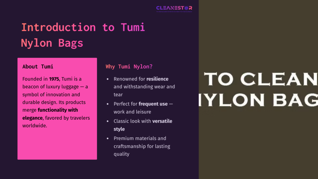 Text On A Dark Background Discussing Tumi Nylon Bags, With A Prominent Pink Box Highlighting Key Features And Benefits.